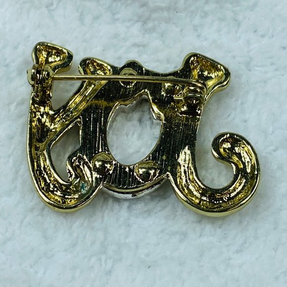 JOY Christmas Pin Brooch Gold Color Wreath Design Around the O Rhinestone Accent - Picture 6 of 13